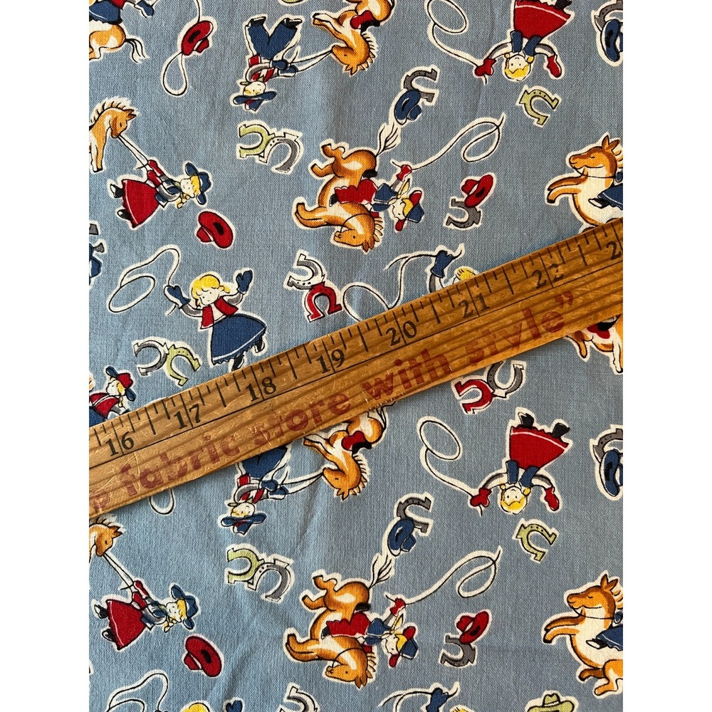 Fabric -RARE Vintage 40s/50s Retro Children Western Rodeo Blue Cotton Washed BTY